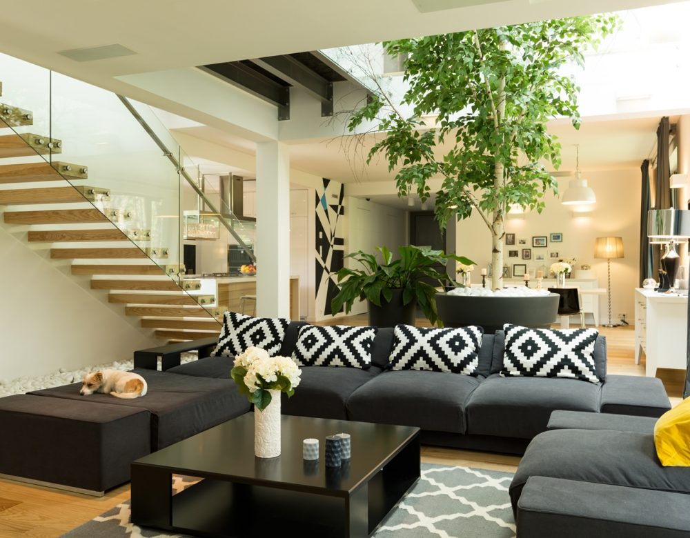 A nice new interior design with large lounge and table.
